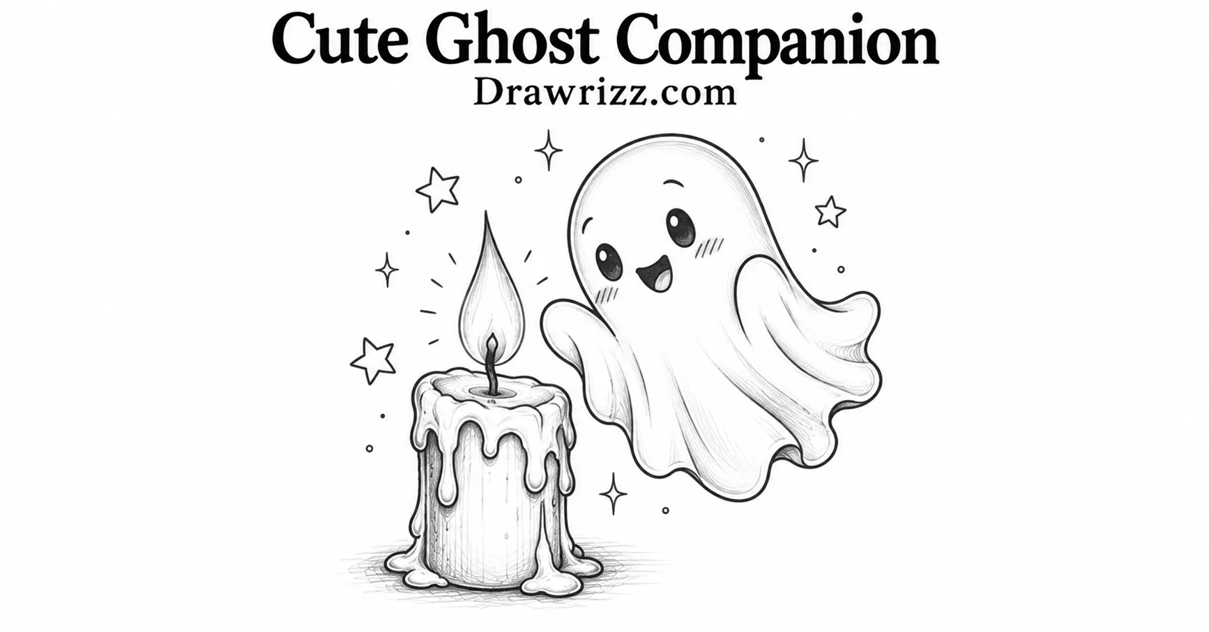 Cute Ghost Companion candle drawing with smiling ghost, burning flame, dripping wax, stars, and simple black and white pencil art.