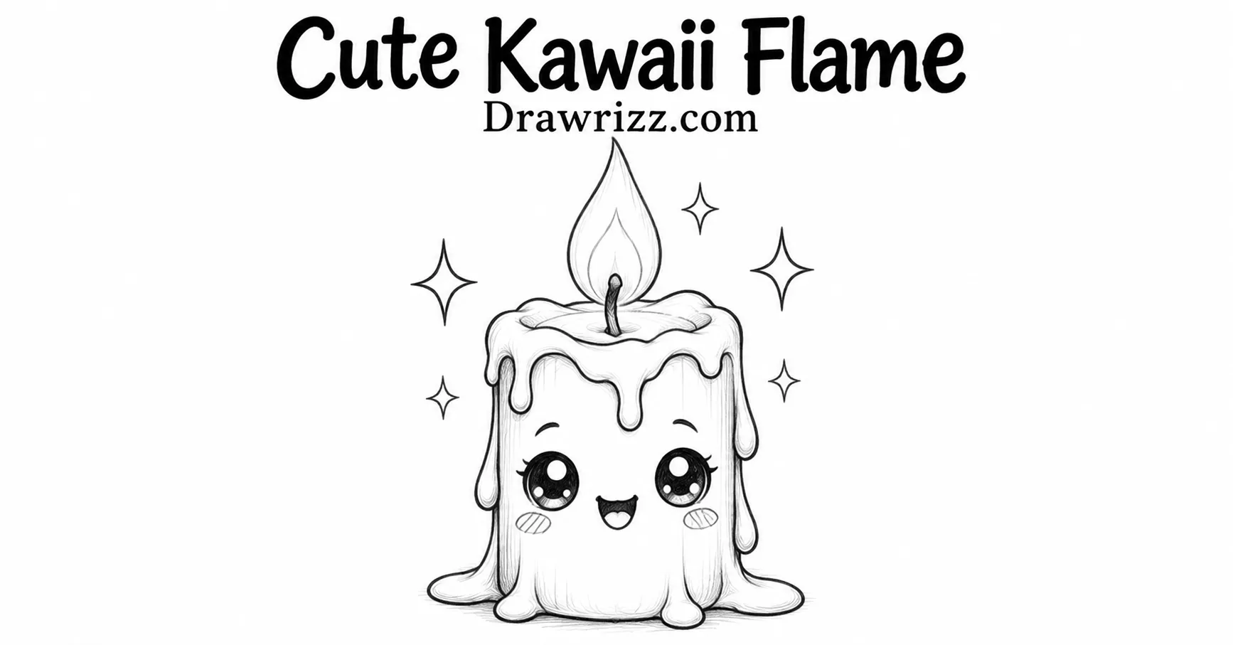 Cute Kawaii Flame candle drawing with smiling face, dripping wax, sparkling accents, and simple black and white sketch style.