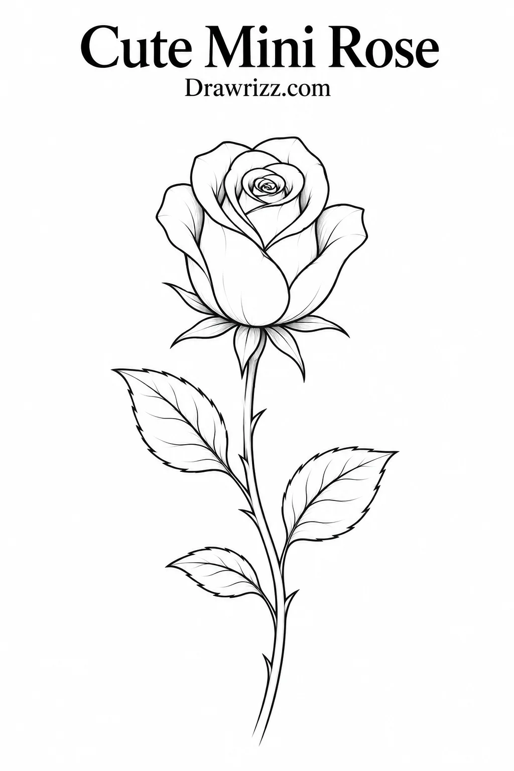 Cute mini rose drawing with delicate layered petals, a slender curved stem and three detailed leaves in simple black line art