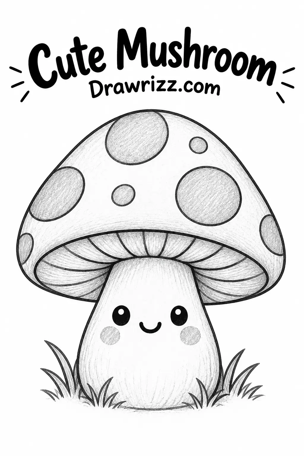 Easy Doodle Drawing Ideas featuring a cute mushroom with spotted cap, smiling face and simple pencil details for beginners.
