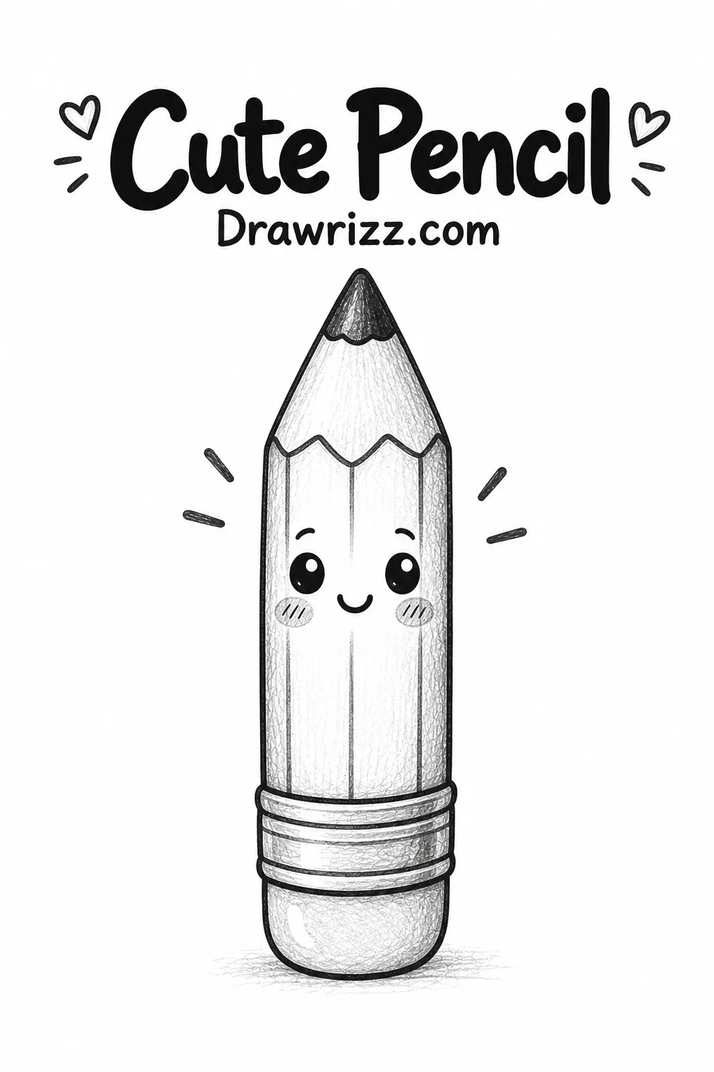 Easy Doodle Drawing Ideas featuring a cute smiling pencil with simple black-and-white outlines, perfect for beginners and kids to sketch.