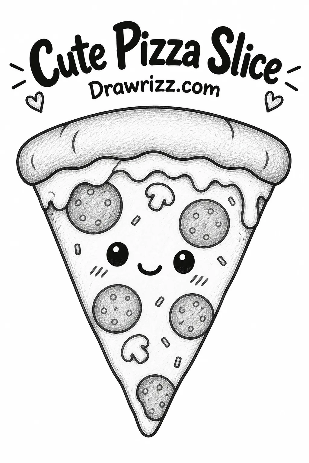 Easy Doodle Drawing Ideas featuring a cute pizza slice with pepperoni, mushrooms, melted cheese and a smiling face for beginners.