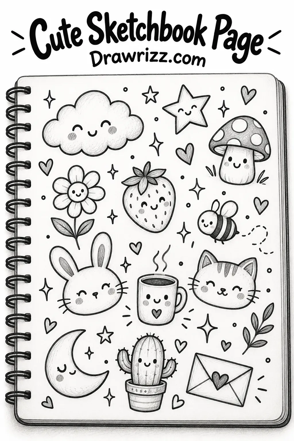 Easy Doodle Drawing Ideas featuring a cute sketchbook page filled with simple cloud, star, mushroom, flower, strawberry, bee, bunny, cat, coffee cup, moon, cactus and envelope sketches.