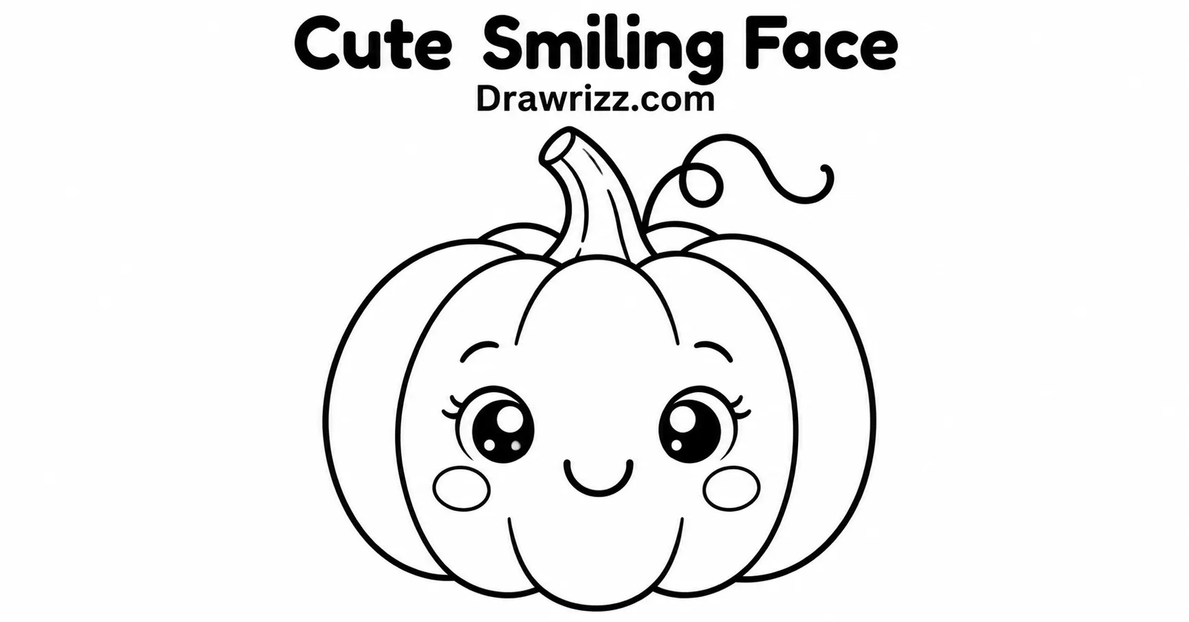Pumpkin Drawing Ideas featuring a cute smiling face, big sparkling eyes, curved sections, curly vine, and easy coloring lines.