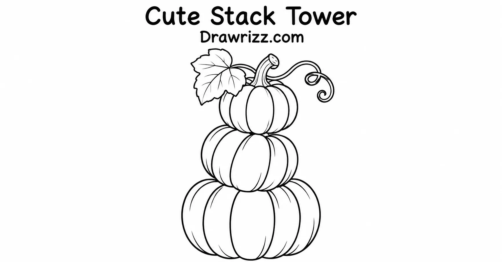 Pumpkin Drawing Ideas featuring three stacked pumpkins with curved ribs, a leafy stem, curling vine, and clean autumn line art.