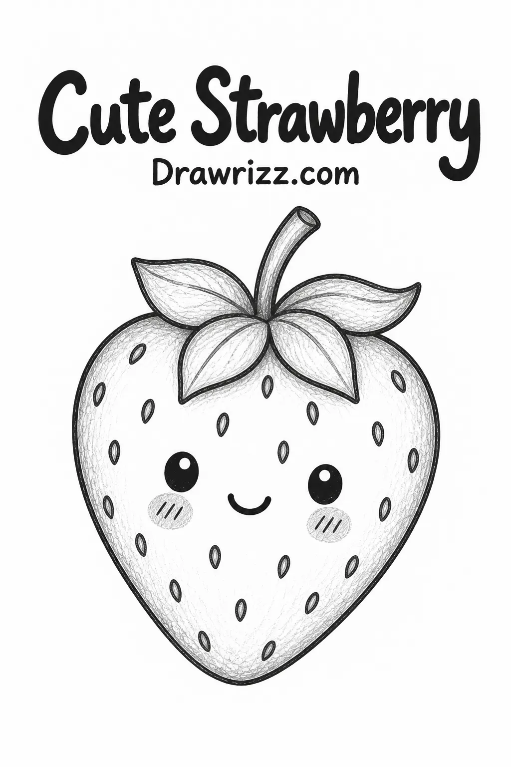 Easy Doodle Drawing Ideas featuring a cute strawberry with leafy top, tiny seeds, smiling face and simple pencil art for beginners.