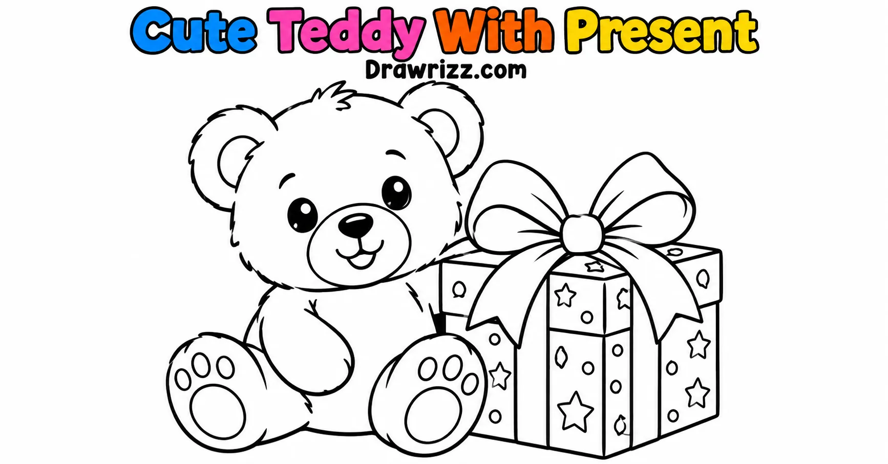 Happy Birthday Drawing Ideas featuring a cute teddy bear beside a wrapped present with a big bow in easy black and white line art.