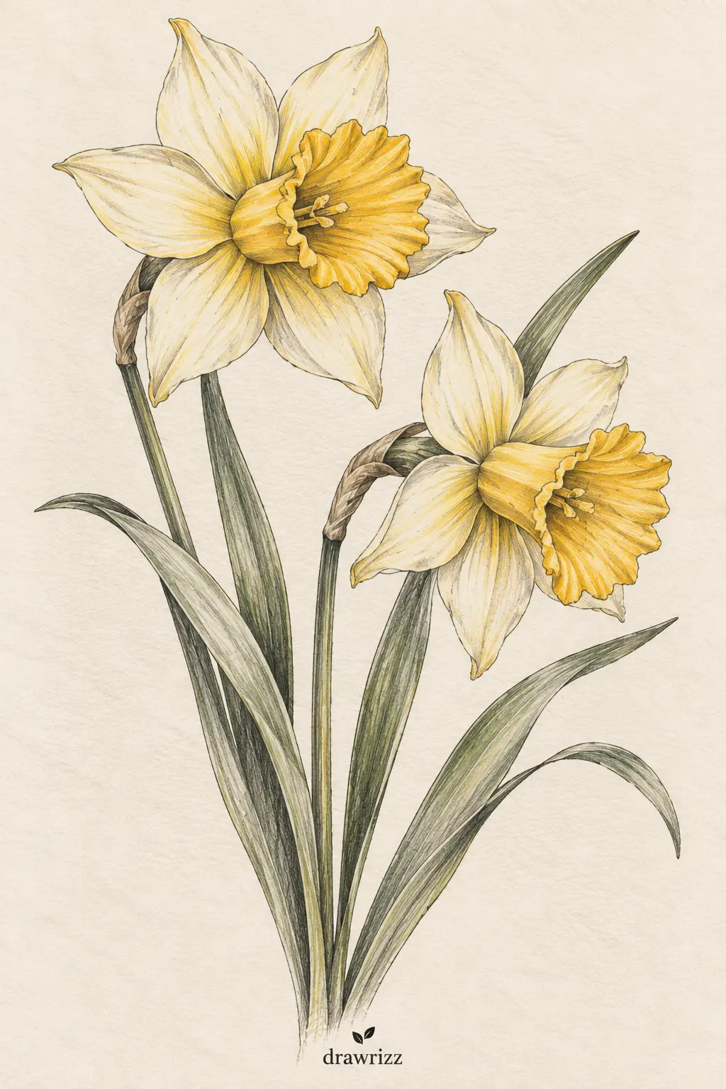Daffodil easy flower drawing ideas featuring two cheerful yellow daffodil sketches with trumpet blooms, elegant stems and long green leaves.