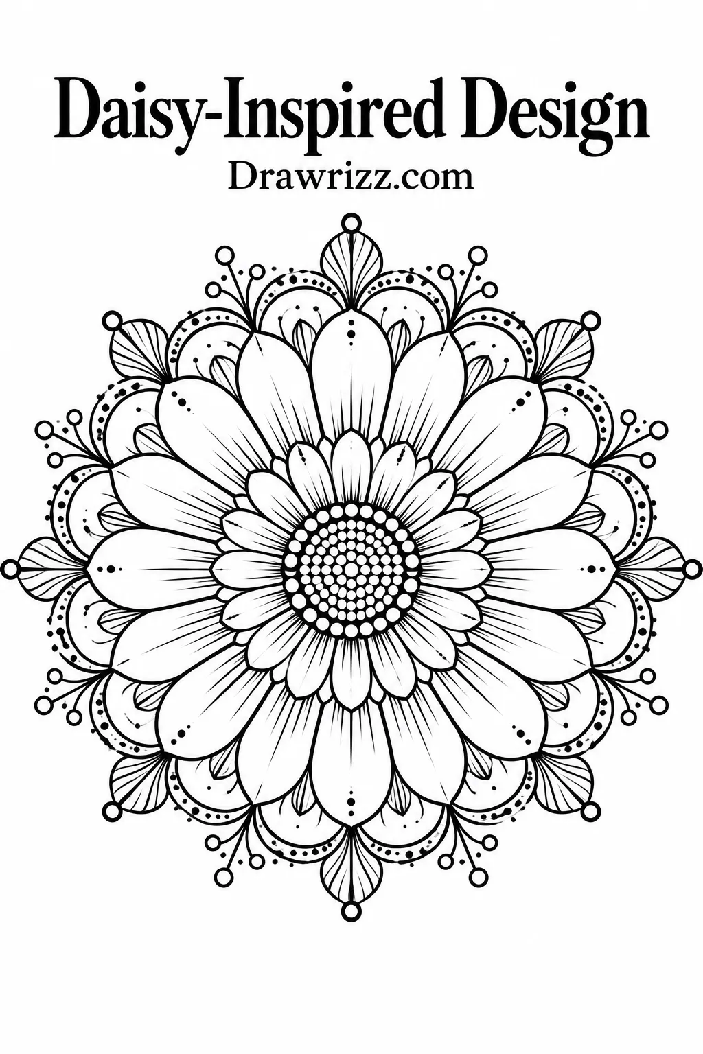 Mandala Drawing Ideas featuring a daisy-inspired floral pattern with layered petals, dotted center details, delicate leaves, and symmetry.