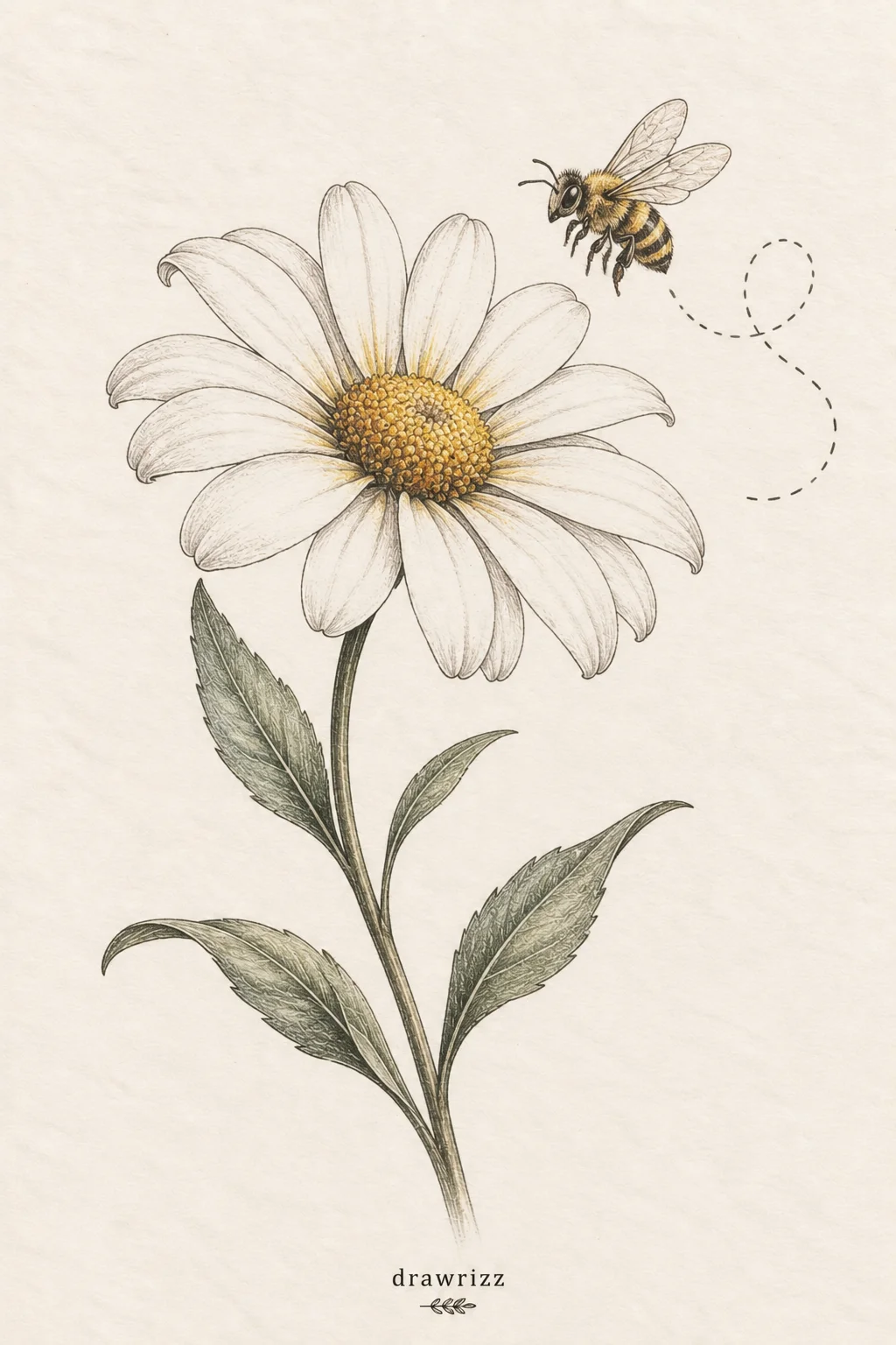 Daisy with a Bee easy flower drawing ideas featuring a white daisy sketch with golden center, detailed green leaves and a flying honeybee.