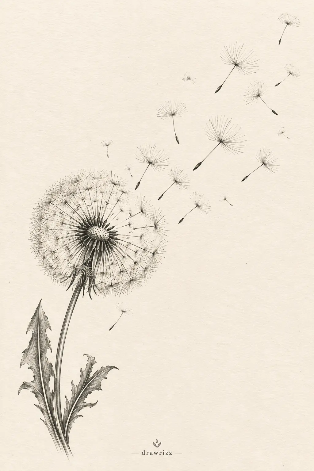 Dandelion Seeds easy flower drawing ideas featuring a delicate pencil dandelion sketch with floating seeds, detailed stem and leaves.