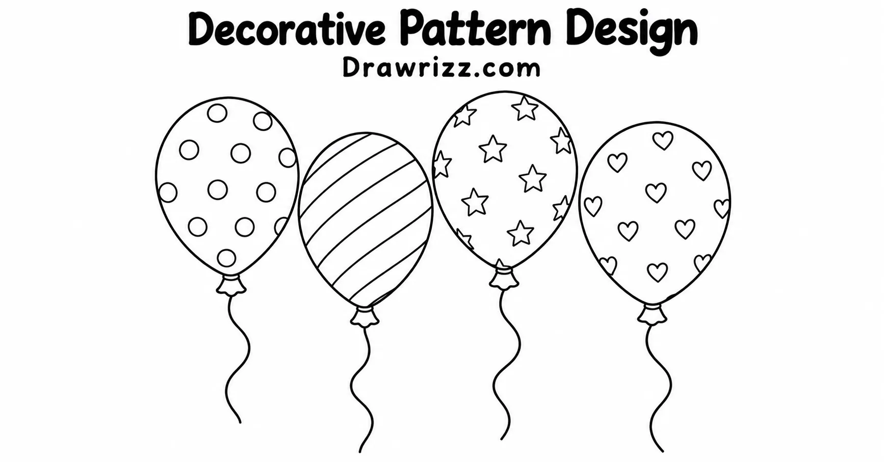 Balloon drawing ideas featuring four decorative balloons with polka dots, stripes, stars, hearts, and simple curved strings.