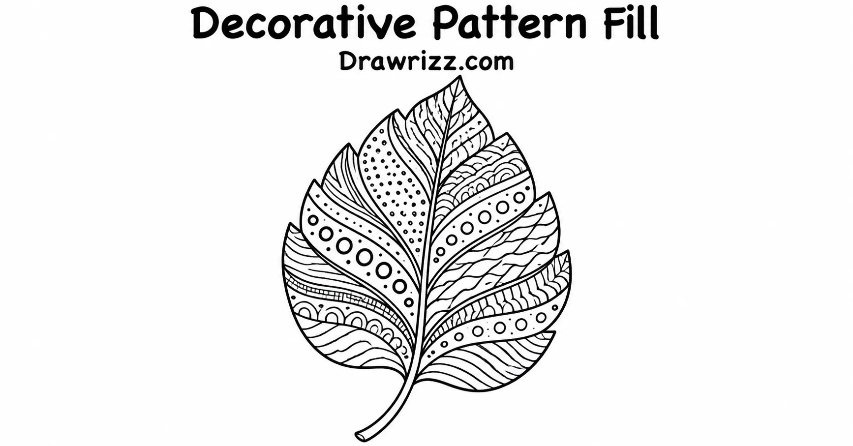 35 Leaf Drawing Ideas for Creative Botanical Sketches Leaf Drawing Ideas featuring a decorative leaf filled with dots, waves, curved lines and intricate black and white patterns.