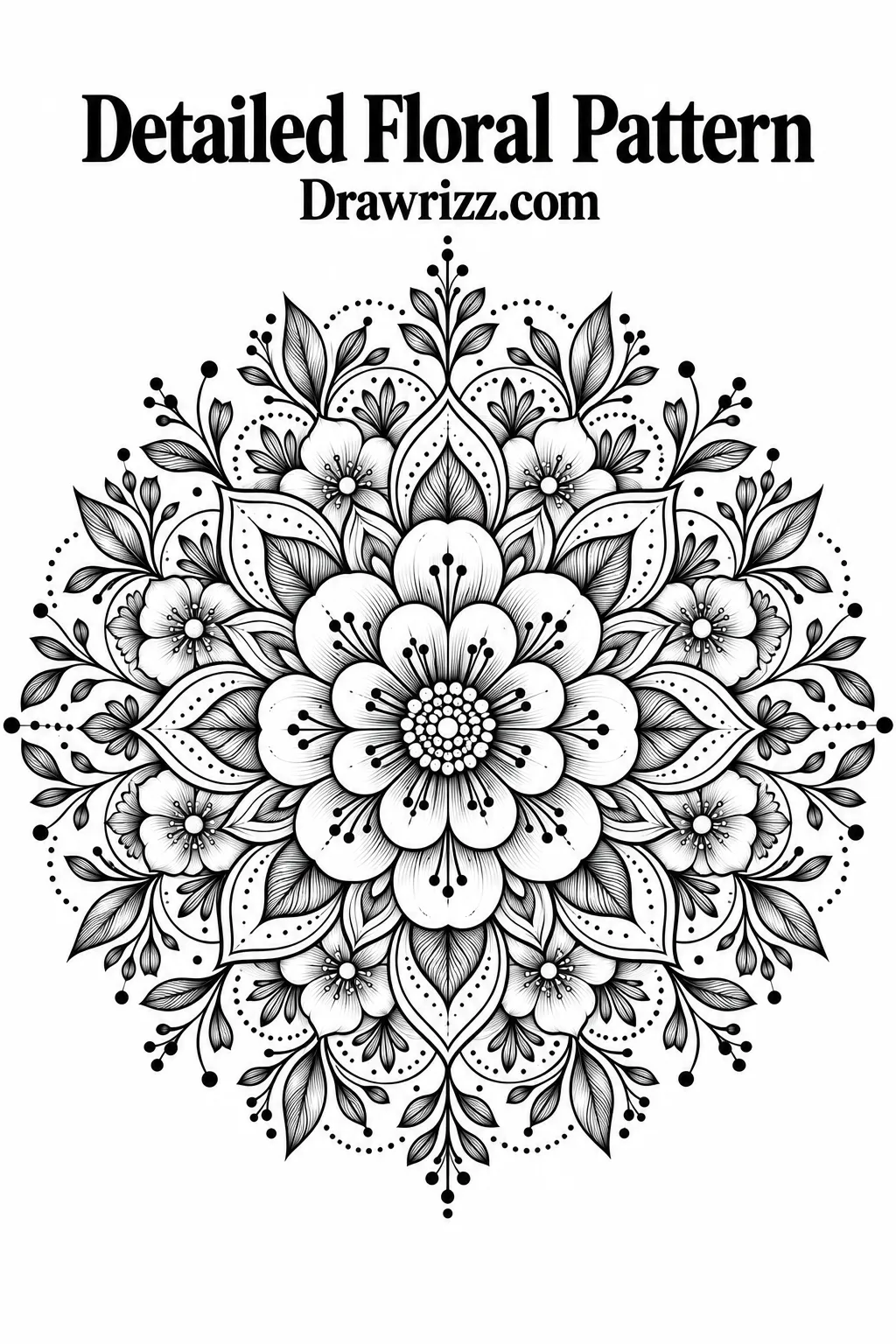 Mandala Drawing Ideas featuring a detailed floral pattern with layered blossoms, delicate leaves, fine petal lines, dotted accents, and elegant radial symmetry.