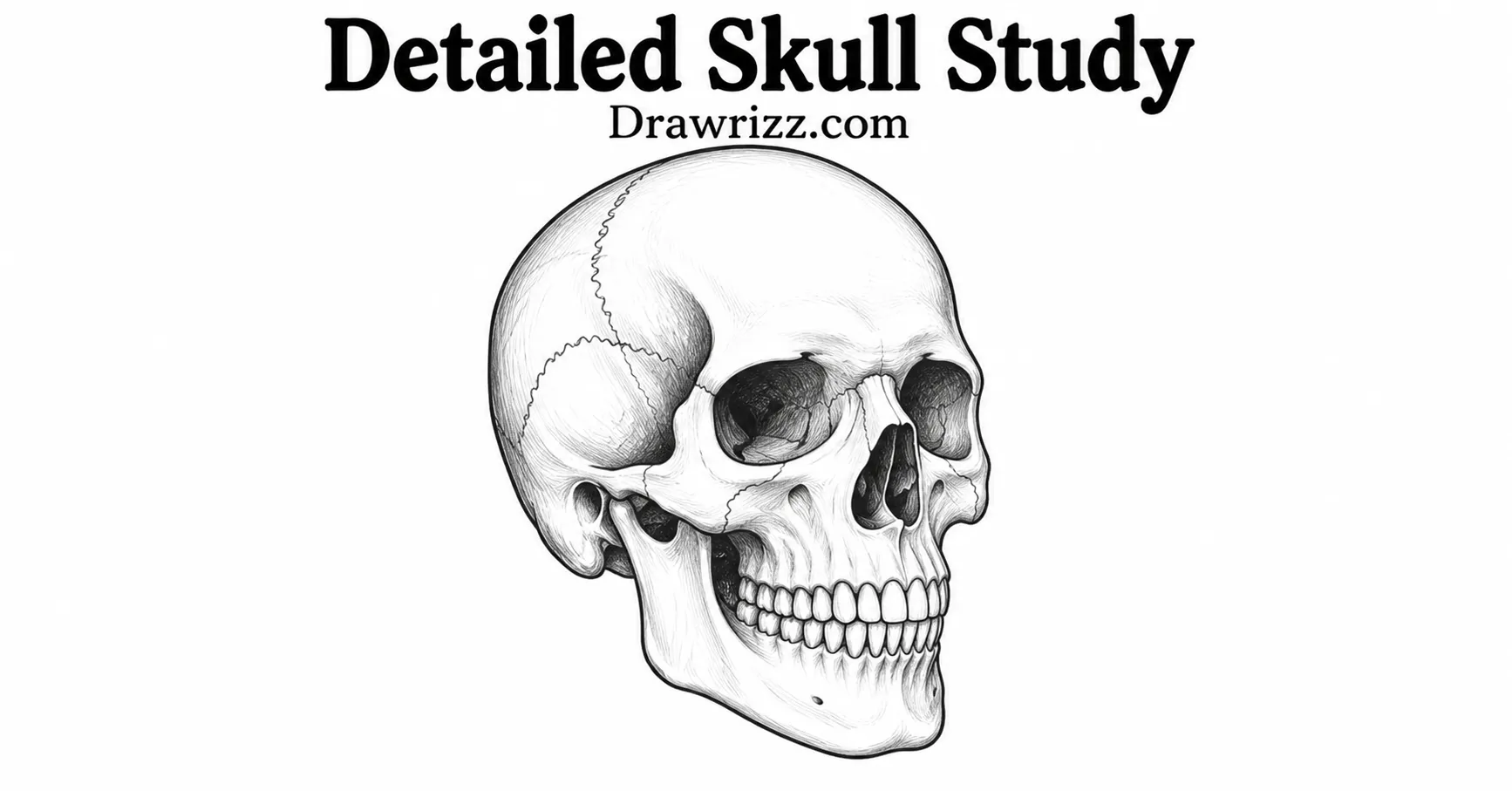 35 Halloween Drawing Ideas for Cute and Spooky Sketches Detailed Skull Study showing a realistic black and white human skull with defined teeth, eye sockets, jaw, and anatomical details