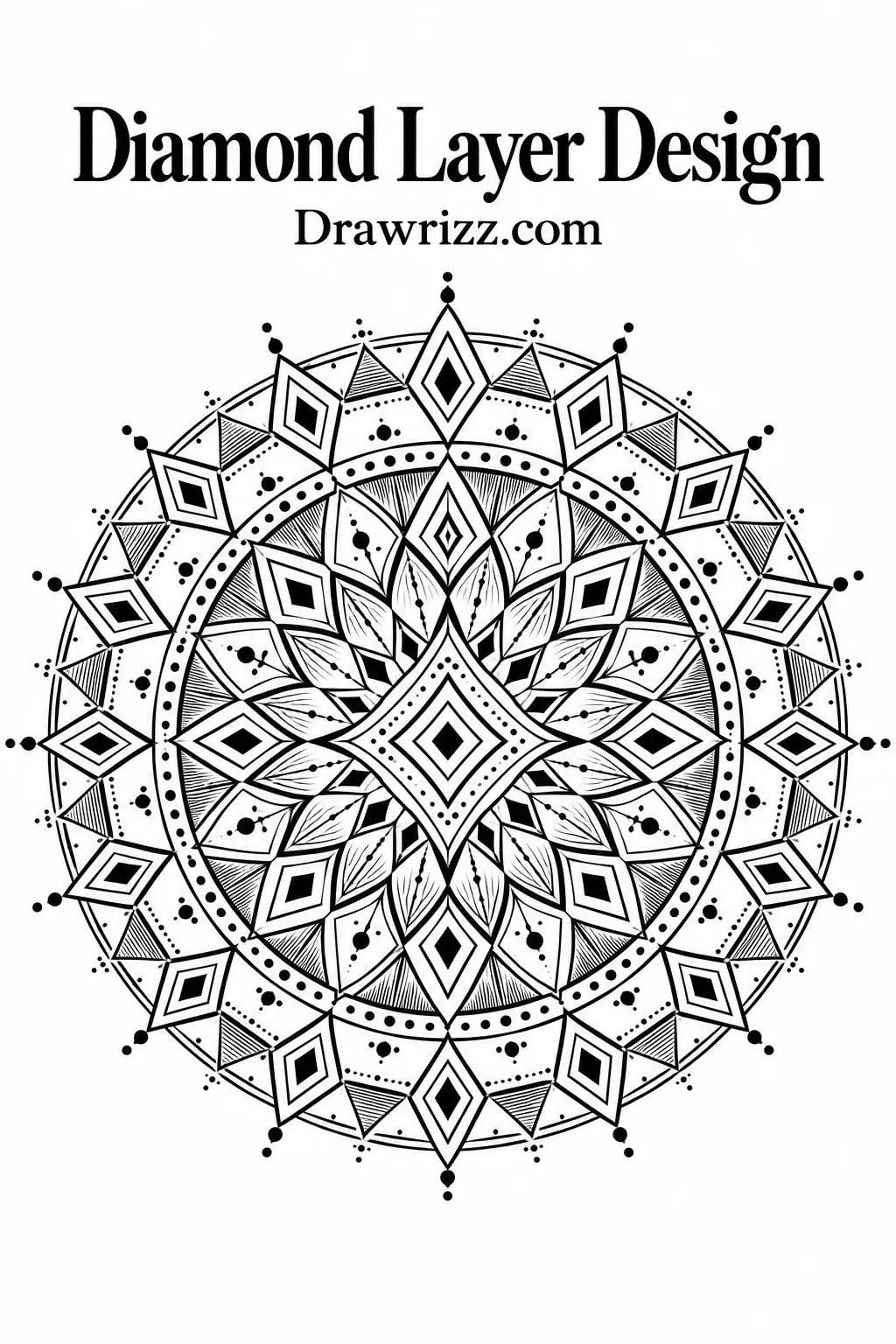 Mandala Drawing Ideas featuring a detailed diamond layer design with geometric shapes, fine linework, dotted accents, and balanced radial symmetry.