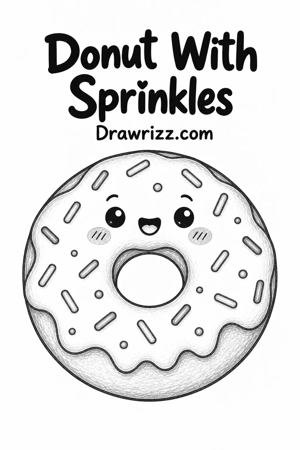 Easy Doodle Drawing Ideas featuring a cute donut with frosting, sprinkles, smiling face and simple pencil details for beginners.