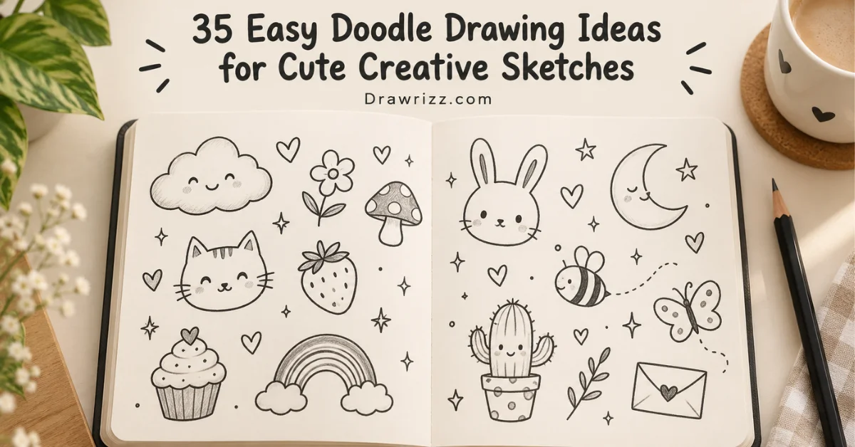 Easy Doodle Drawing Ideas featuring cute beginner sketches of clouds, cats, bunny, rainbow, flowers, cactus, bee and butterfly.