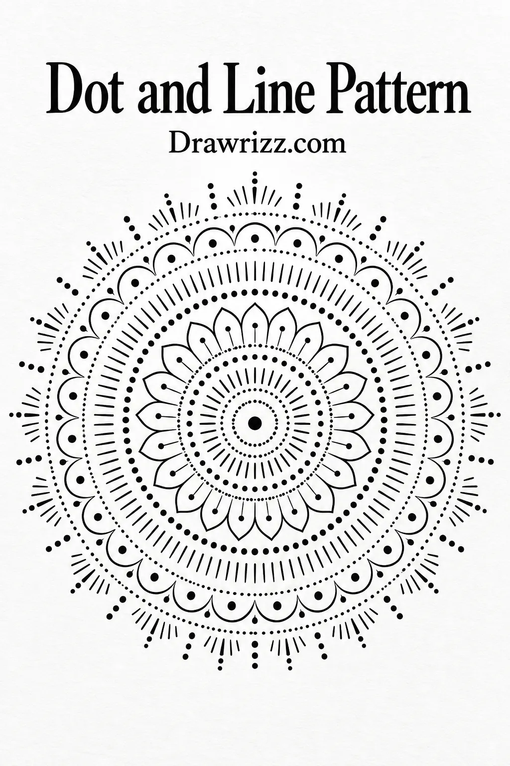 Mandala Drawing Ideas featuring a dot and line pattern with layered petals, circular borders, fine strokes, and balanced radial symmetry.