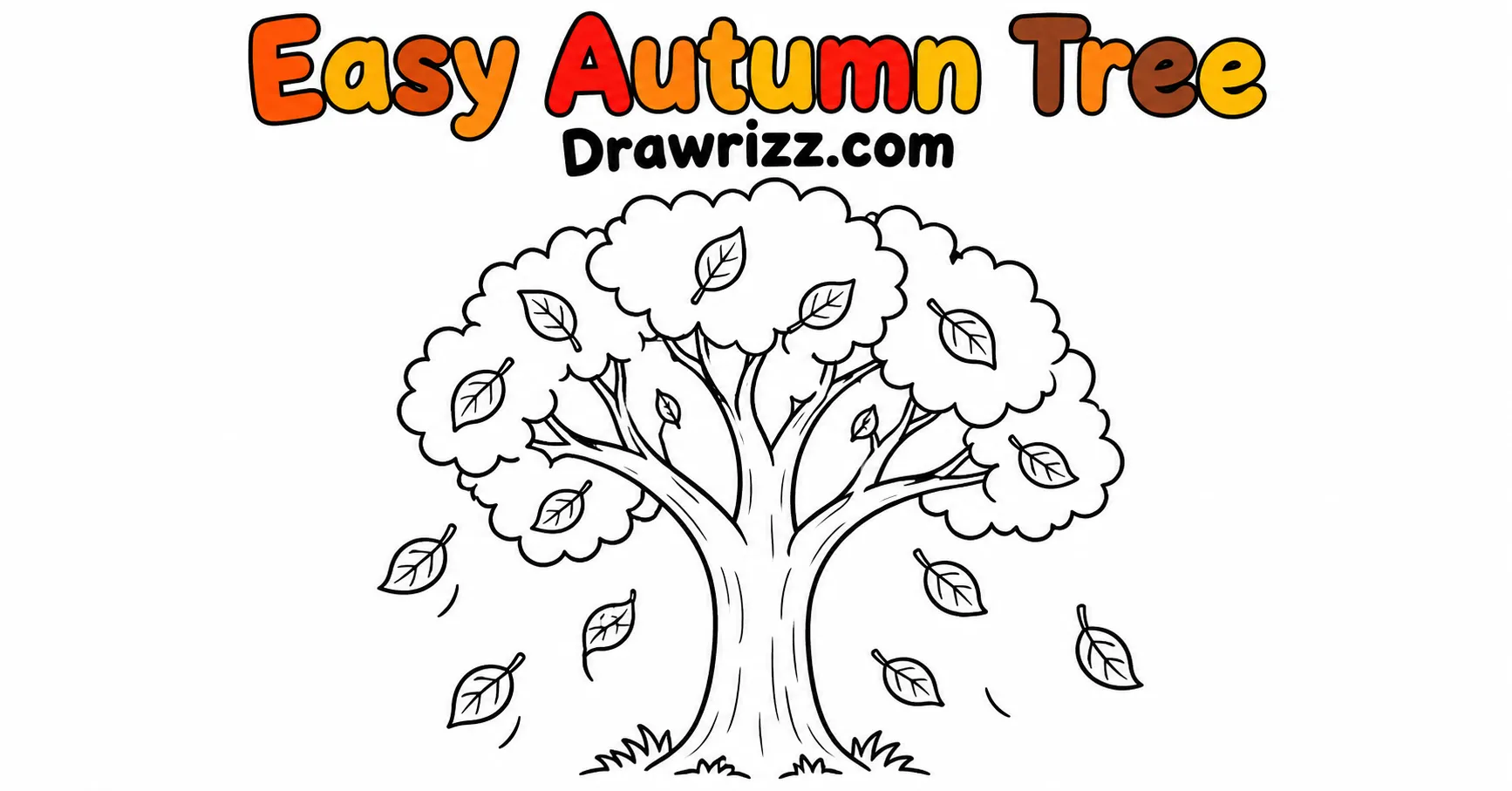 Fall Drawing Ideas featuring an easy autumn tree with falling leaves and simple black outlines, perfect for kids and beginner sketches.