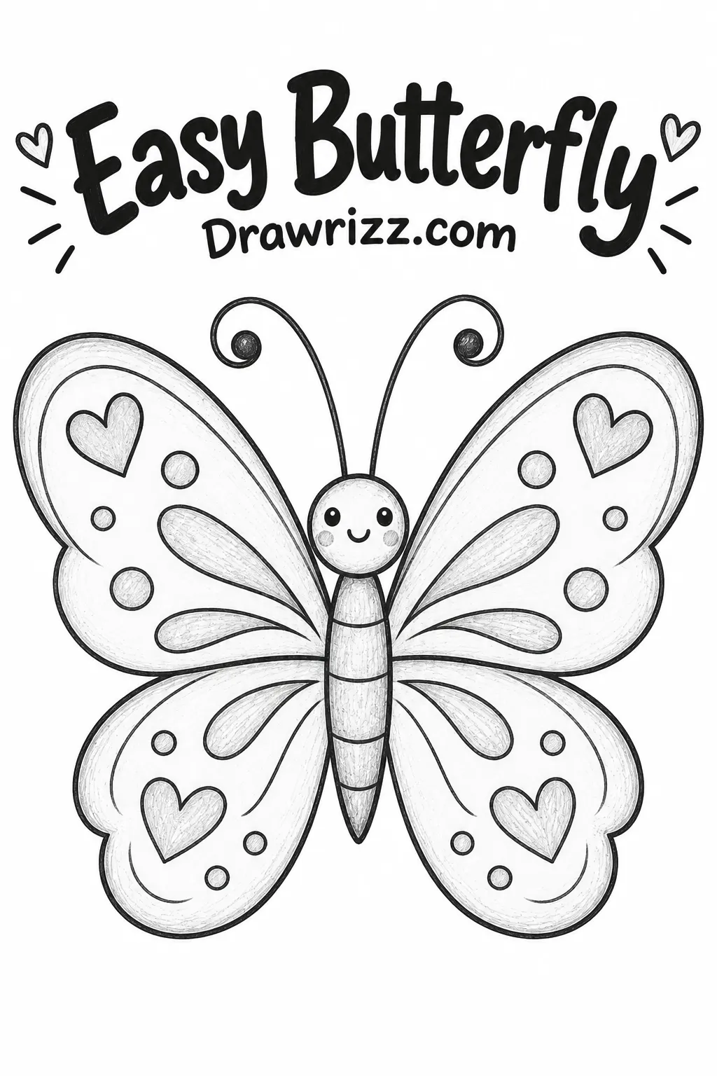 Easy Doodle Drawing Ideas featuring a cute butterfly with heart-patterned wings, smiling face and simple pencil art for beginners.