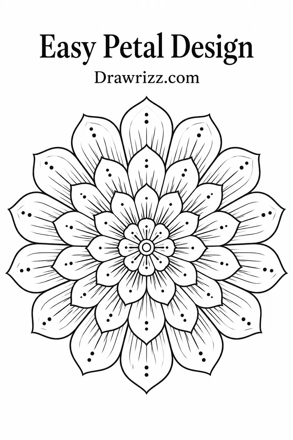 Mandala Drawing Ideas featuring an easy petal design with layered floral shapes, fine line details, dots, and balanced radial symmetry.