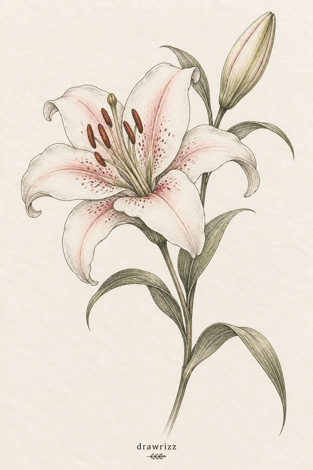 Elegant Lily easy flower drawing ideas featuring a soft pink lily sketch with graceful petals, detailed stamens, flower bud and slender leaves.