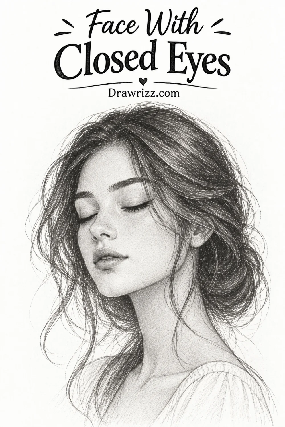 Face with closed eyes portrait drawing featuring a detailed pencil sketch of a young woman with soft shading and flowing hair.