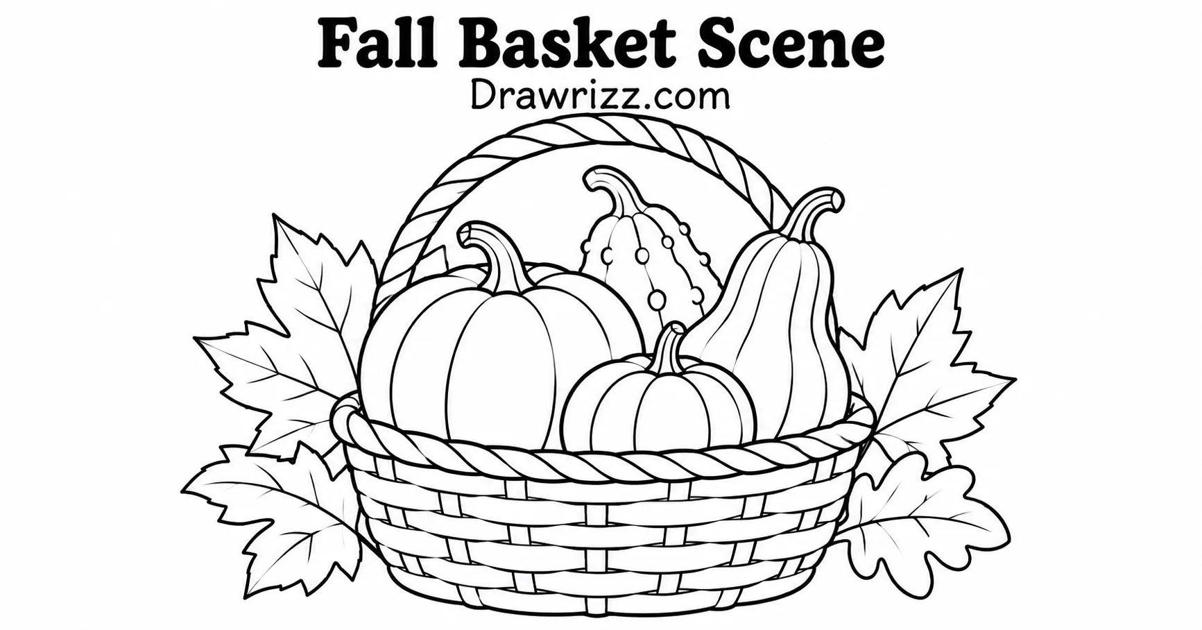 Pumpkin Drawing Ideas featuring a fall basket filled with pumpkins and gourds, surrounded by crisp autumn leaves and outlines.