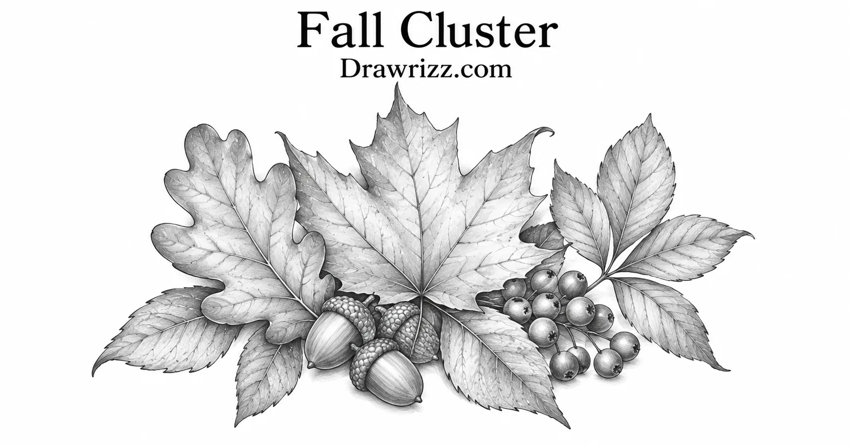 35 Leaf Drawing Ideas for Creative Botanical Sketches Leaf Drawing Ideas featuring a fall cluster with maple and oak leaves, acorns, berries and detailed black and white botanical art.