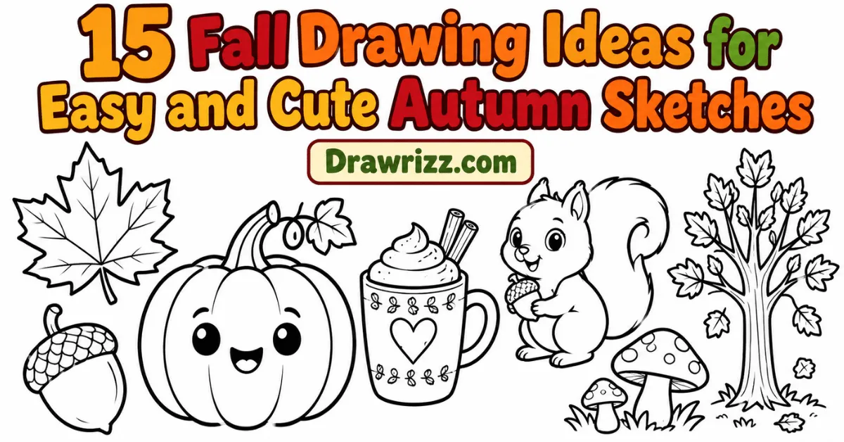 Fall Drawing Ideas featuring cute pumpkin, maple leaf, acorn, squirrel, cozy mug, mushrooms and autumn tree coloring sketches.