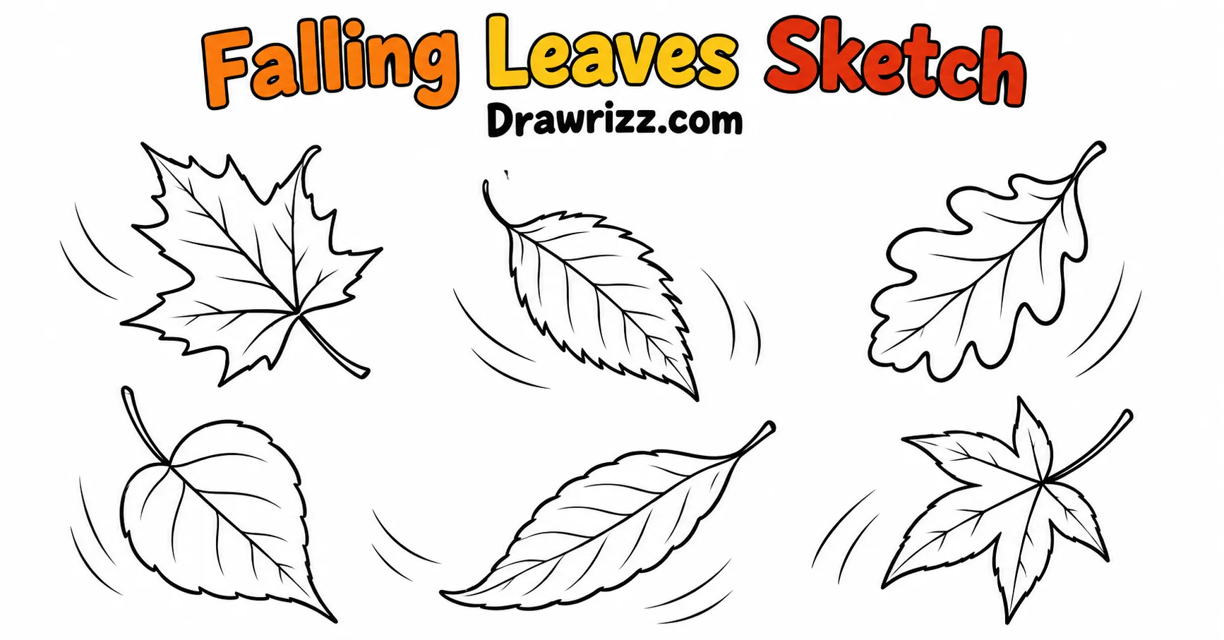 Fall Leaves Drawing Ideas featuring six falling autumn leaves with simple outlines and motion lines for an easy seasonal sketch
