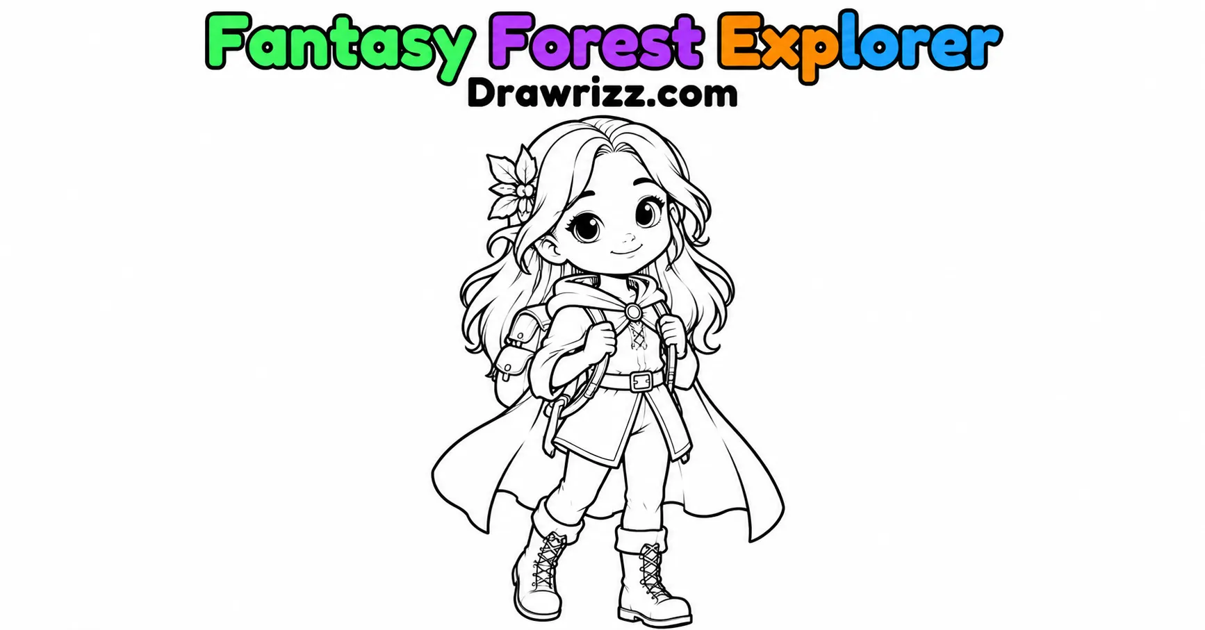 Character Sketch Ideas featuring a fantasy forest explorer with long hair, cape, backpack and boots in cute black-and-white line art.