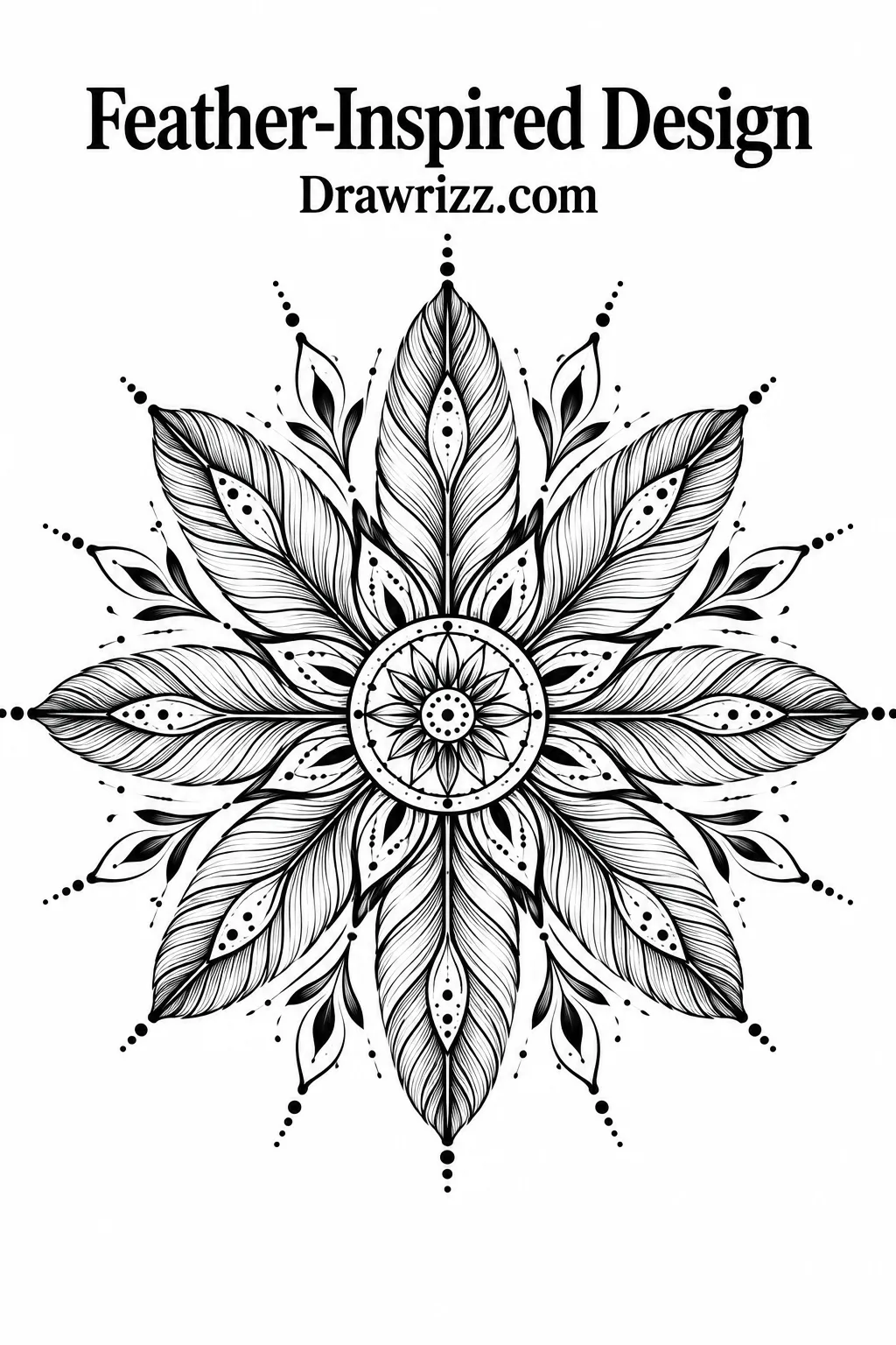 Mandala Drawing Ideas featuring an elegant feather-inspired design with layered plumes, fine line details, dotted accents, and radial symmetry.