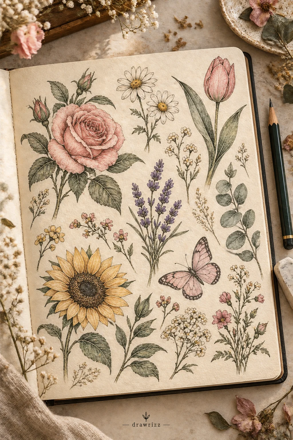 Final Thoughts featuring a cozy open sketchbook filled with elegant flower drawings, including a rose, sunflower, tulip, daisies, lavender, wildflowers, leafy stems, and a butterfly, surrounded by pencils and dried flowers for a warm botanical art atmosphere.
