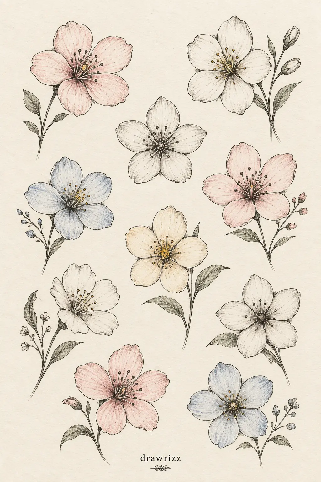 Five-Petal Blossoms easy flower drawing ideas featuring delicate pink, blue and cream floral sketches with graceful stems, leaves and buds.