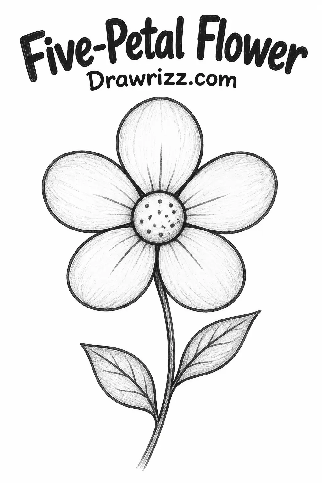 Easy Doodle Drawing Ideas featuring a five-petal flower with simple stem, leaves and black-and-white pencil art for beginner.