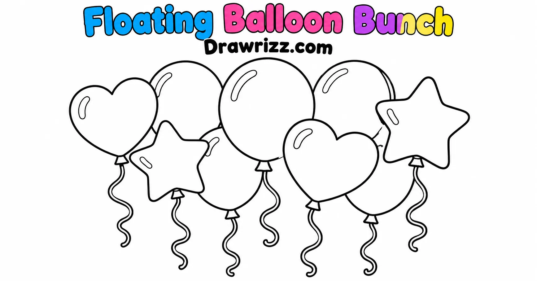 Happy Birthday Drawing Ideas featuring floating round, heart and star balloons with strings in easy black and white coloring line art.