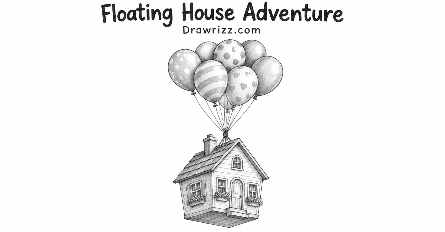 Balloon drawing ideas featuring a whimsical floating house lifted by a patterned balloon bunch, with detailed black-and-white pencil art.