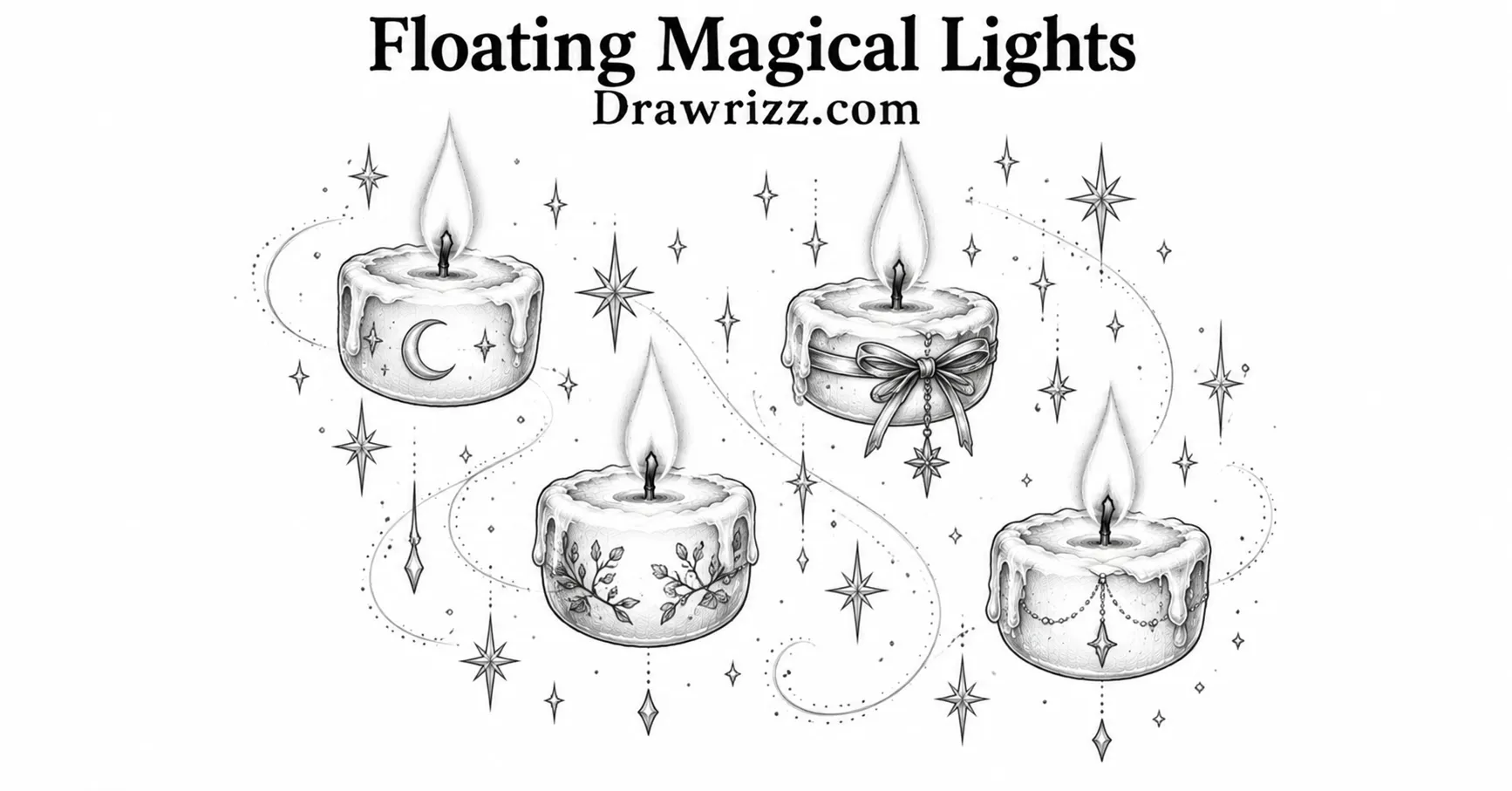 Floating magical lights drawing with four glowing candles, crescent moon, bow, botanical details, stars and whimsical sparkles.