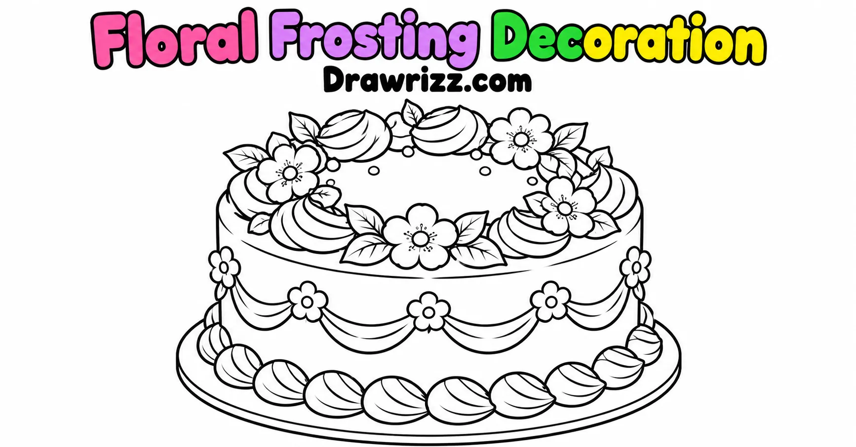 Birthday Cake Drawing Ideas featuring an elegant floral cake with piped frosting, delicate flowers, leaves and decorative cream swirls.