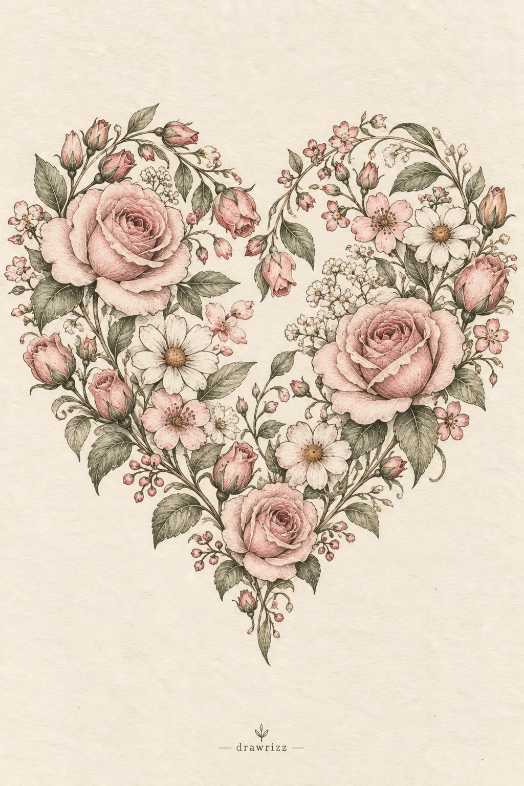 Floral Heart easy flower drawing ideas featuring pink roses, daisies, delicate blossoms, buds and leafy vines arranged in a heart shape.