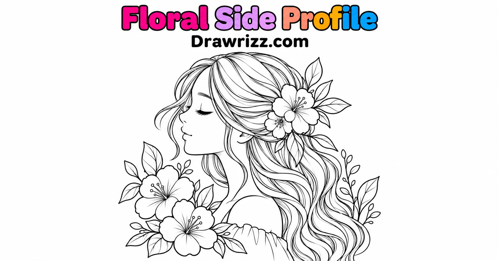 Girl Sketch Drawing Ideas featuring a floral side profile with flowing wavy hair, beautiful flowers, and clean black and white line art