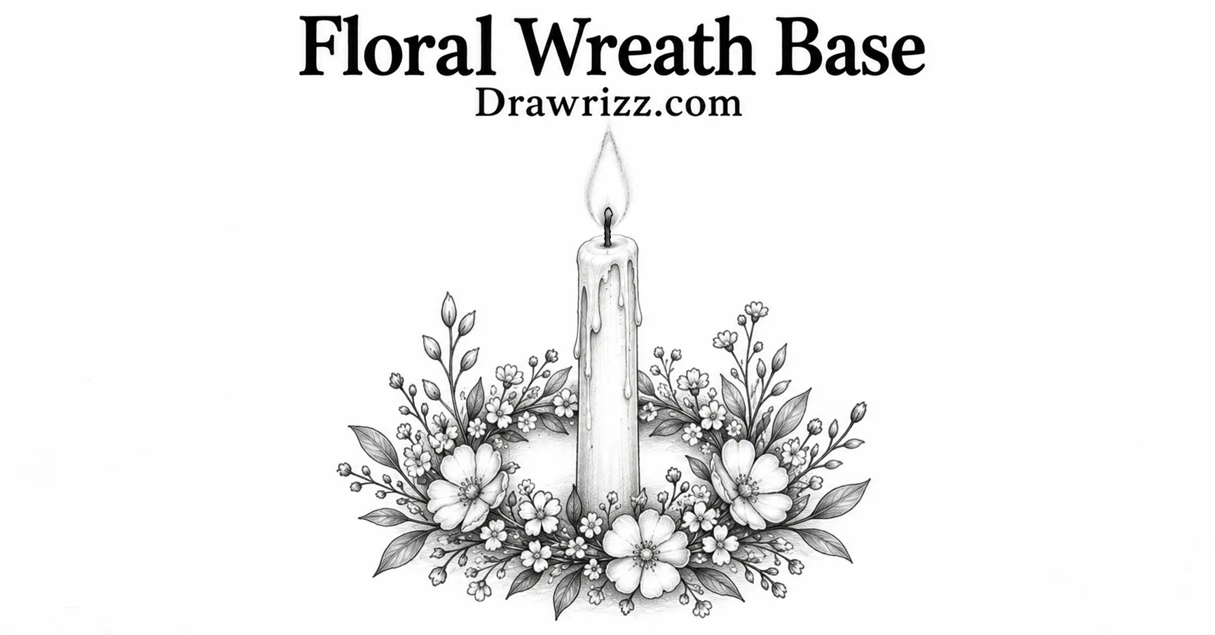 Floral Wreath Base candle drawing with burning taper, delicate flowers, leafy branches, and detailed black and white pencil sketch.
