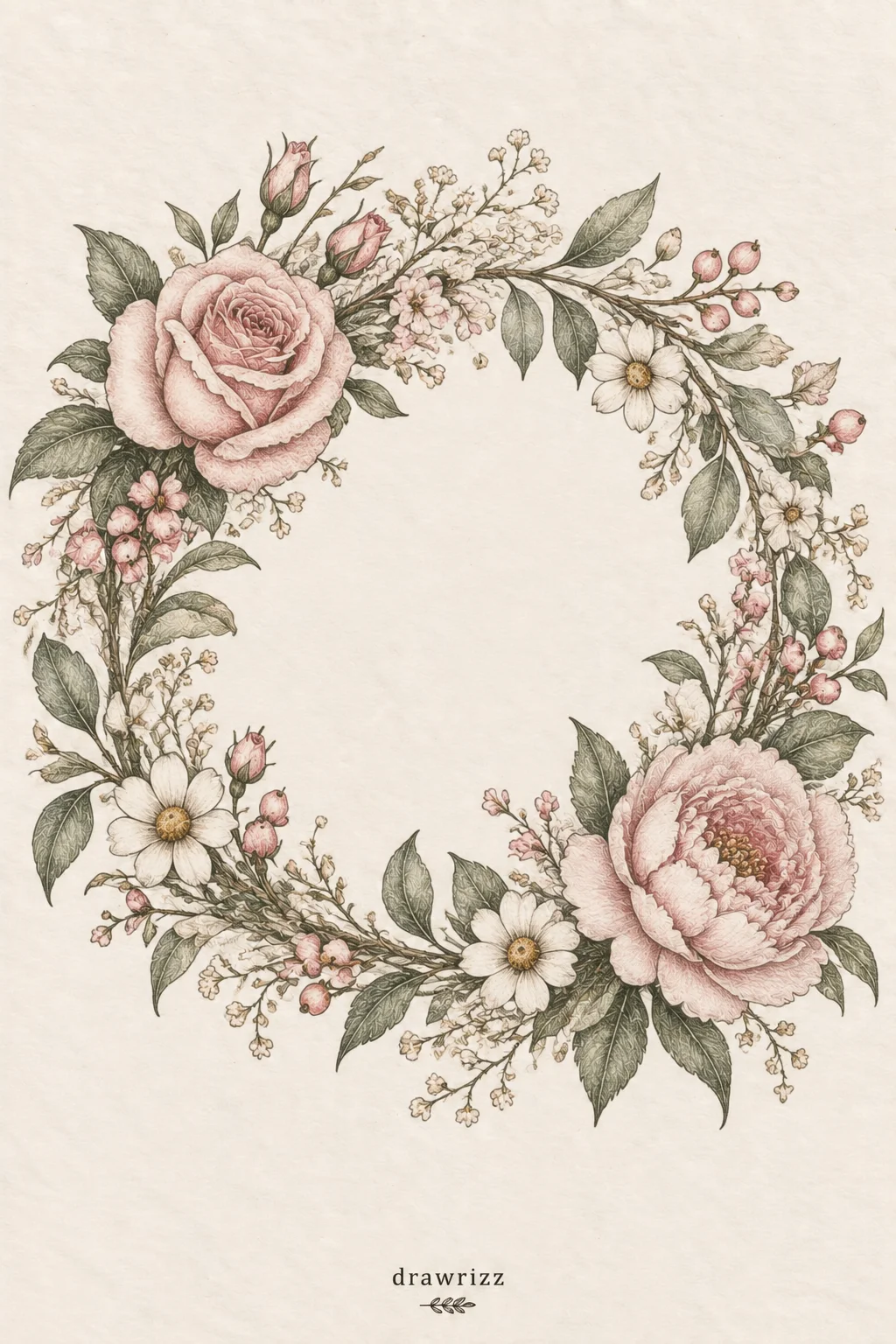 Floral Wreath flower drawing ideas featuring soft pink roses, peonies, delicate daisies, tiny blossoms, berries, and graceful leafy branches arranged in an elegant circular botanical wreath.