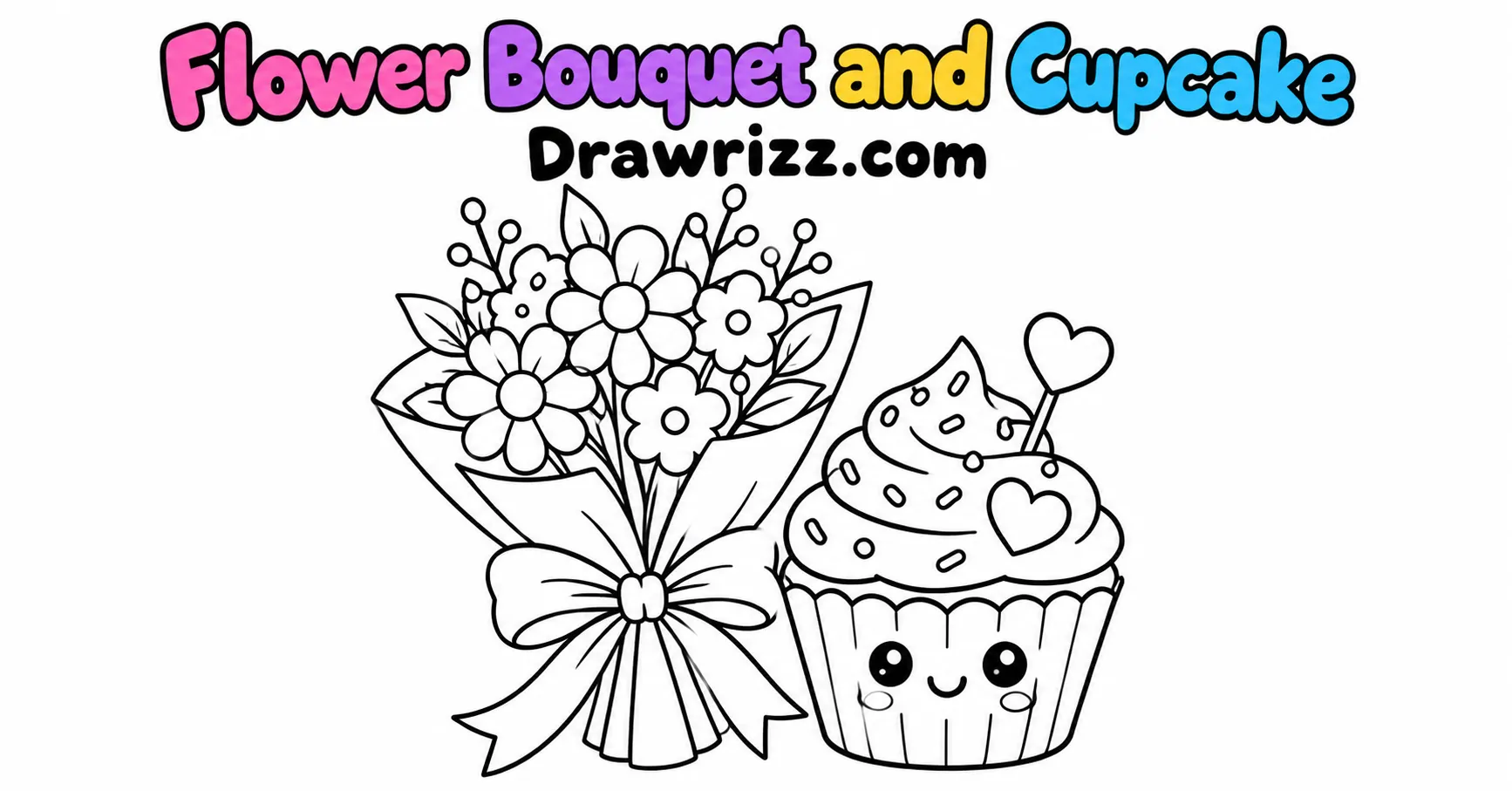 Happy Birthday Drawing Ideas featuring a flower bouquet with a bow and cute cupcake with frosting in easy black and white line art.