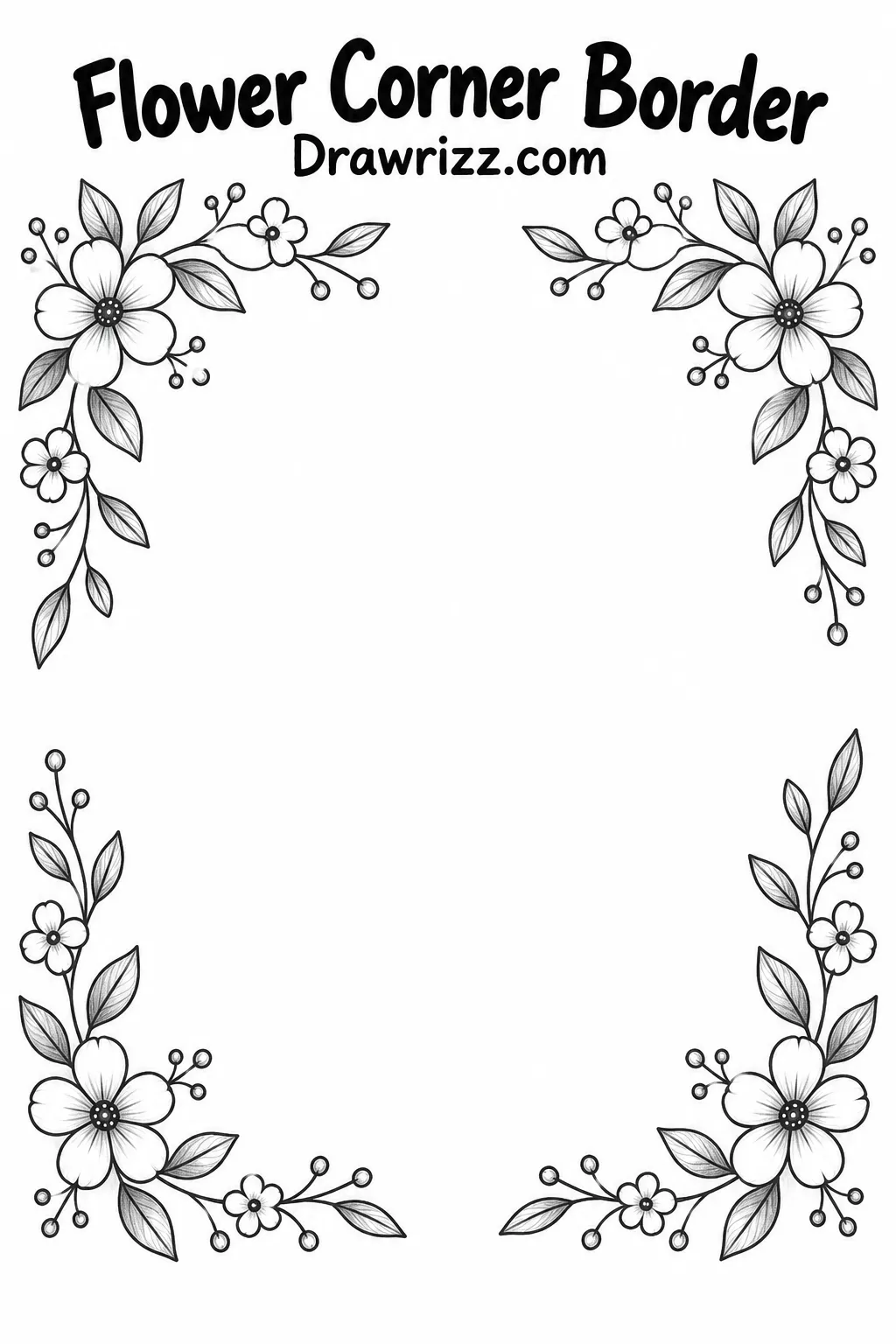 Easy Doodle Drawing Ideas featuring a delicate flower corner border with simple blossoms, leafy branches and elegant black-and-white lines