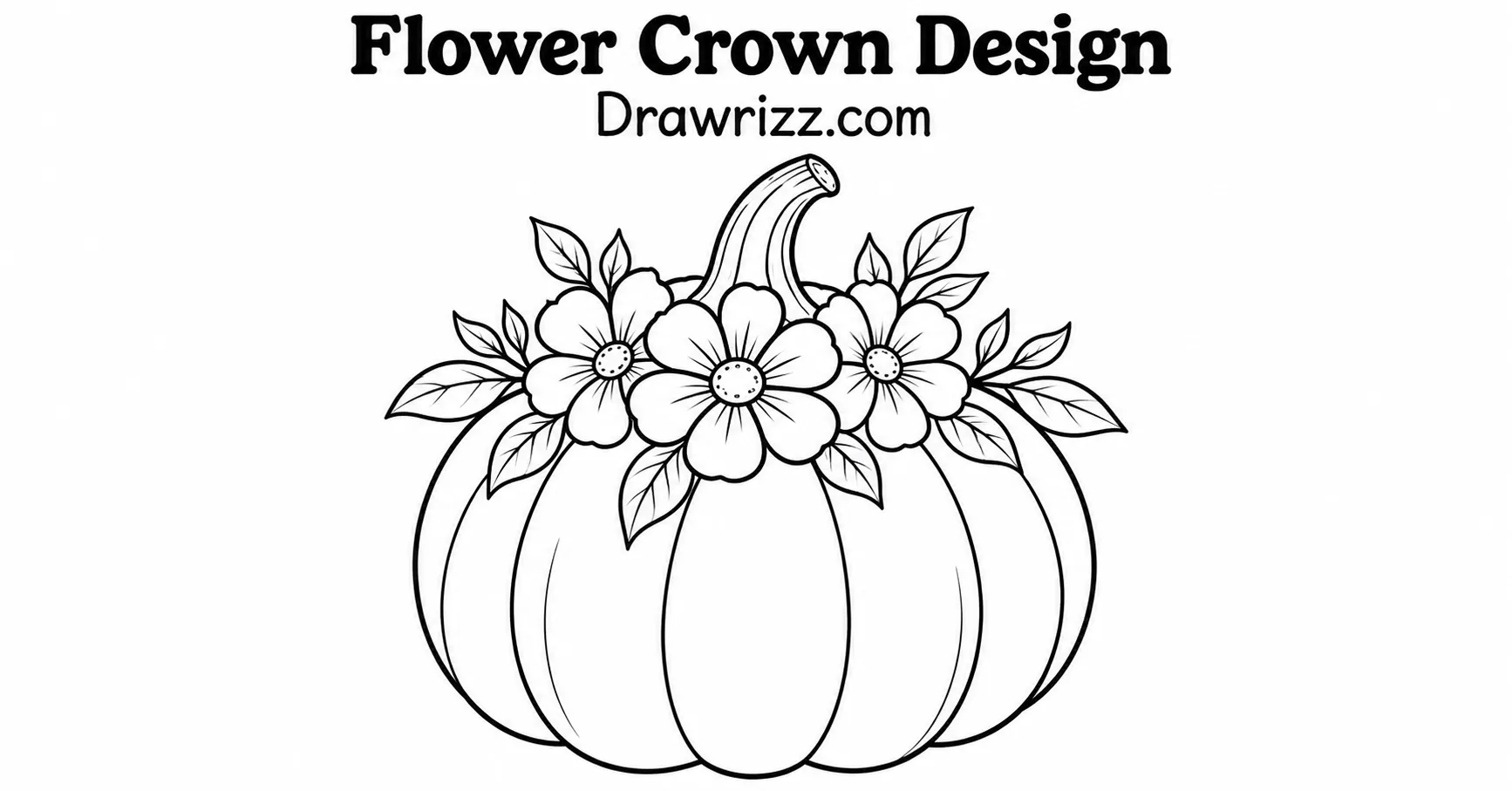 Pumpkin Drawing Ideas featuring a floral crown with blooming flowers, leafy accents, curved ribs, and elegant coloring outlines.