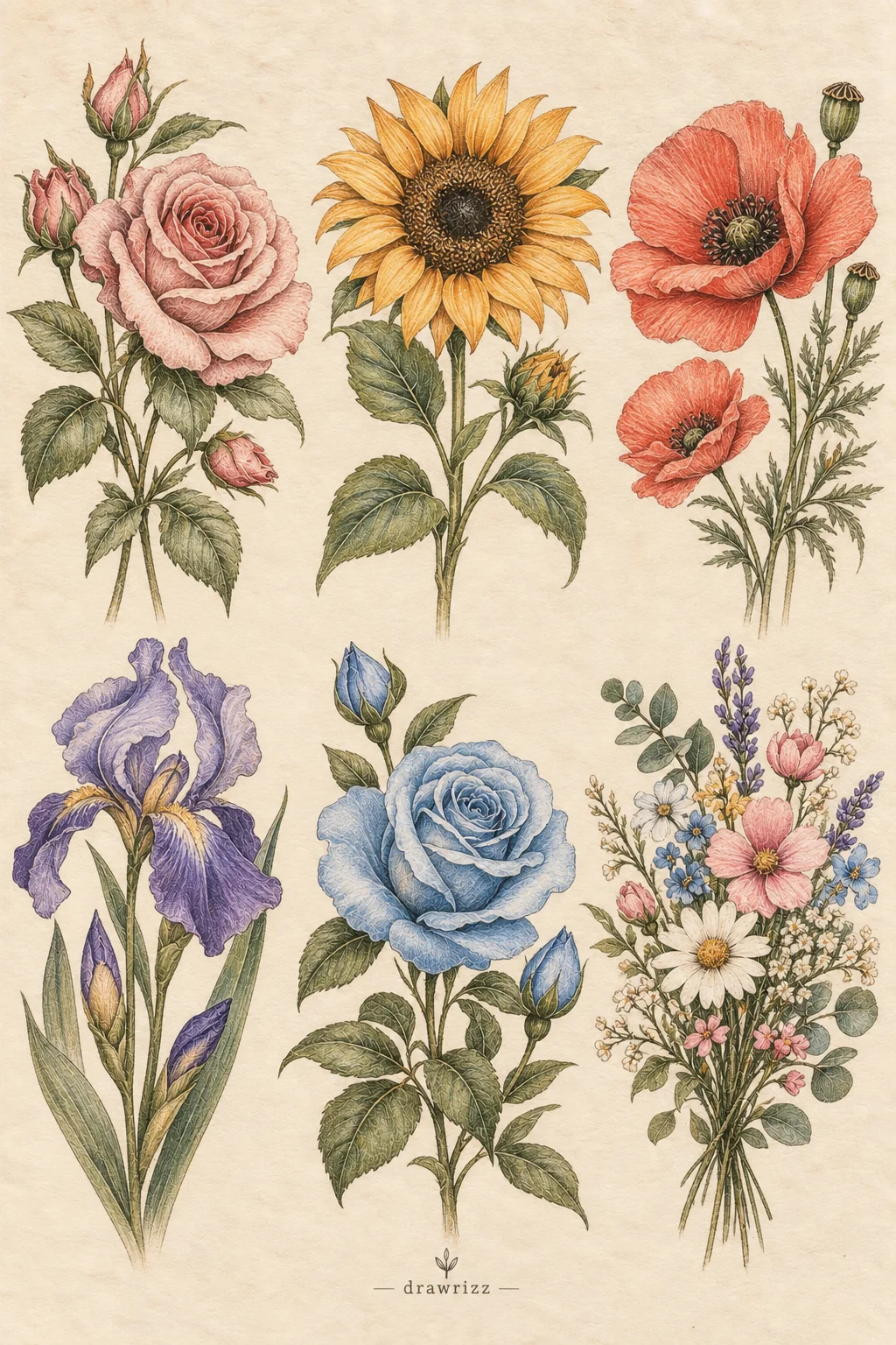Flower Drawing Ideas with Color featuring vibrant botanical illustrations of pink roses, golden sunflowers, red poppies, purple iris, blue roses, and a colorful wildflower bouquet with detailed leaves and soft vintage shading.