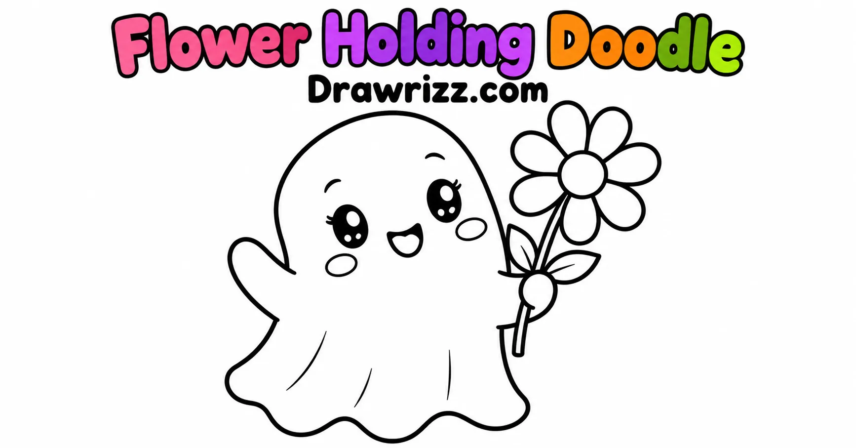 Flower Holding Doodle from Ghost Drawing Ideas, featuring a cute smiling ghost holding a simple flower with bold outlines for kids coloring.